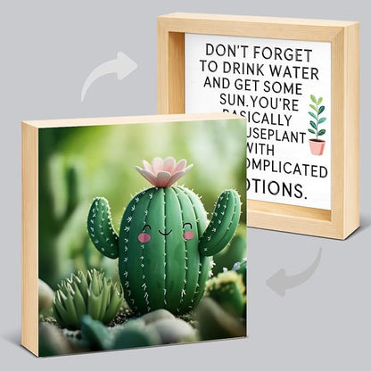 Funny Houseplant Decor Sign - Office Gift for Plant Lover - Double-sided Cactus Decor for Tiered Tray Table Desk Shelf Decoration