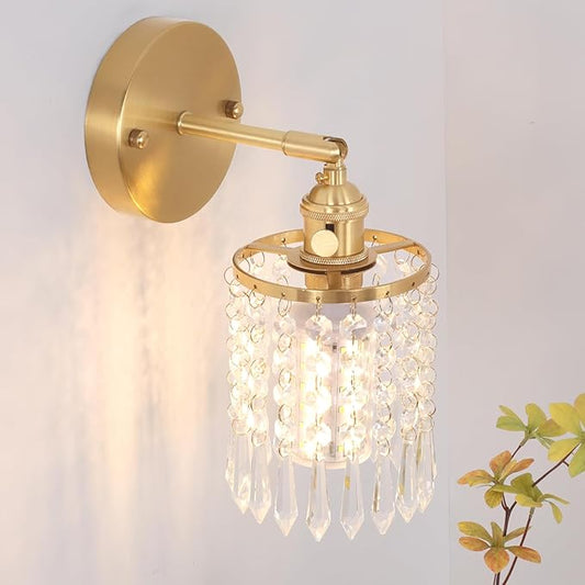 Crystal Battery Operated Wall Sconce, Rechargeable Battery Powered Wall Lamp with Remote Control, Modern Dimmable Wireless Wall Lights Fixture for Bedroom Bathroom(Transparent, Gold Base)