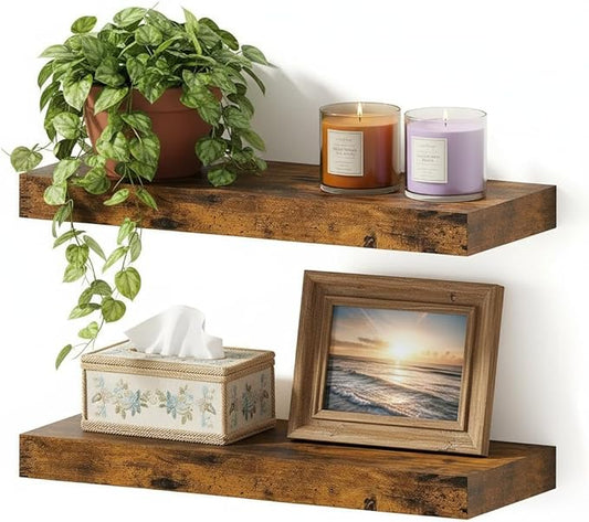 Vivelove Floating Shelves for Wall 16 inchs Long, Bathroom Shelves Over Toilet, for Bedroom, Living Room, Kitchen, Farmhouse Decor, Rustic Wall Shelves with Invisible Brackets - Set of 2, Rustic Brown