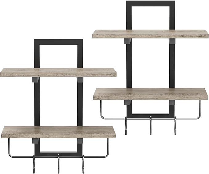Floating Shelves, 15" Wall Shelf Set of 2, Hanging Bathroom Shelves 2-Tier, Wall Mounted Storage Shelves, for Living Room Bedroom Bathroom Kitchen Office Coffee Bar, Greige