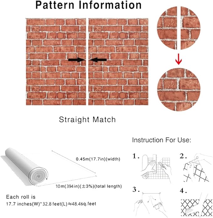 Cohoo Home Red Brick Wallpaper Peel and Stick Contact Paper 18inW 393inL Faux 3D Brick Contact Paper Self Adhesive Removable Wallpaper Backsplash Wrapping Fireplace Wall Sticky Waterproof Vinyl