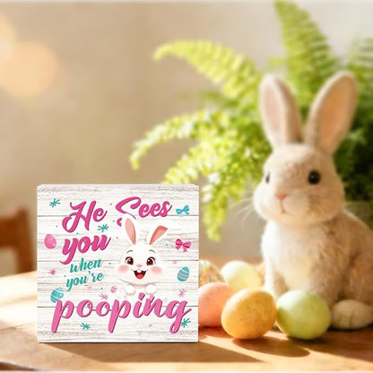Funny Easter Bunny Sign Bathroom Decor Easter Bunny Bathroom Desk Accessories Bunnys Bowknot Egg Decorations Indoor for Toilet Shelves He Sees You When You'Re Signs 5 X 5 Inch