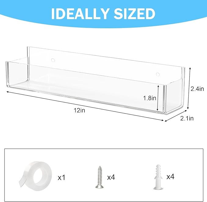 VAEHOLD Adhesive Acrylic Spice Rack with Nano Double Sided Tape Wall Mount Organizer Wall Spice Rack With Shelf Ends for Kitchen Cabinet Door - 2 Pack 12'' Shelves (White)