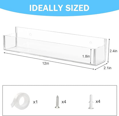 VAEHOLD Adhesive Acrylic Spice Rack with Nano Double Sided Tape Wall Mount Organizer, Black Wall Spice Rack With Shelf Ends for Kitchen Cabinet Door - 2 Pack 12‘’ Shelves