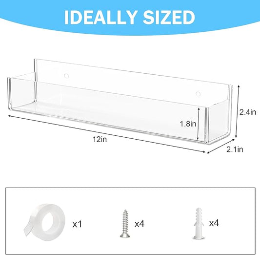 VAEHOLD Adhesive Acrylic Spice Rack with Nano Double Sided Tape Wall Mount Organizer Clear Wall Spice Rack With Shelf Ends for Kitchen Cabinet Door - 2 Pack 12‘’ Shelves