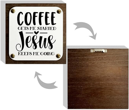 Coffee Wood Sign, Coffee Decor Art, Wooden Box Signs Decors Art, Christian Coffees Decors, Home Decor Accent, Coffees Gets Me Started Jesus Keeps Me Going Sign