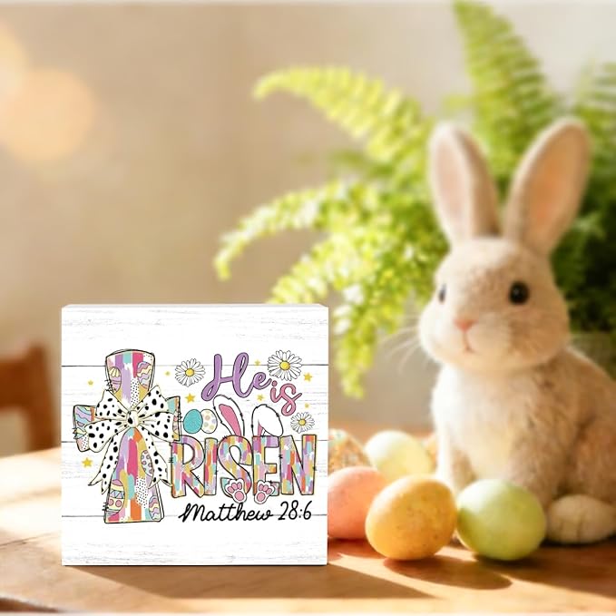 Funny Easter Christian Sign Easter Bunny Decor Religious Jesus Rabbit Cross Decor Decorations for Home Office Desk Tiered Tray He Is Risen Matthew 28:6 Sign 5 X 5 Inch