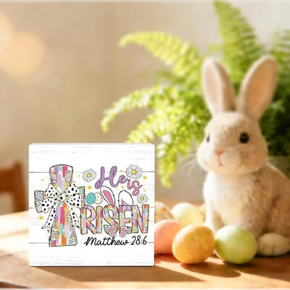 Funny Easter Christian Sign Easter Bunny Decor Religious Jesus Rabbit Cross Decor Decorations for Home Office Desk Tiered Tray He Is Risen Matthew 28:6 Sign 5 X 5 Inch