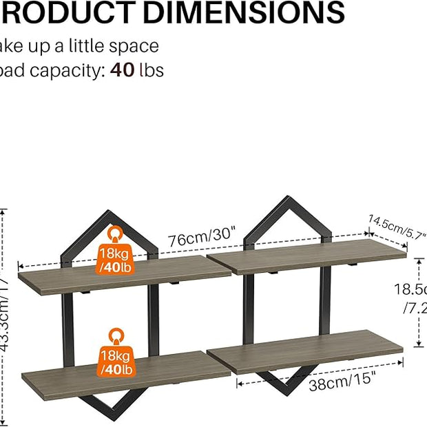 Floating Shelves, Set of 2 Wall Shelf, Wall Mounted Decorative Shelves, 2-Tier Modern Geometric Hanging Storage Shelf for Living Room, Bedroom, Kitchen, Office, Study (Greige + Black)