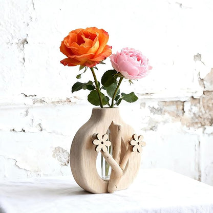 Artistic Wood Glass Vase,Wooden Base Cylindrical Flower Vase,Classic Boho Rustic Style for Fireplace Bedroom Kitchen Living Room Centerpieces Office Desk(Petite Vase)
