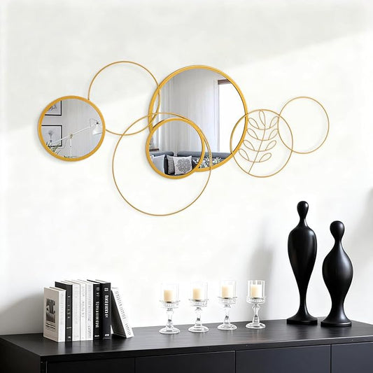 Gold Wall Mirror Set, Wall Mounted Round Metal Framed Mirror Circle Modern Decorative Mirrors for Living Room Bedroom Bathroom Entryway 16x32 Inch Home Decor
