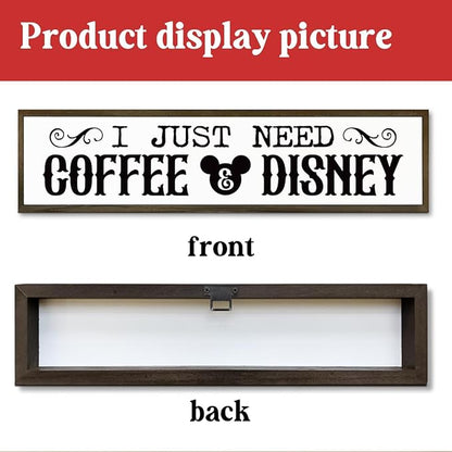 WKYAER Coffee Wood Sign, Decorative Wooden Hanging Sign, Farmhouse Table Shelf Decoration for Home Kitchen, Coffees Bar Decor, Cafe Decor, I Just Need Coffee & Disney Signs