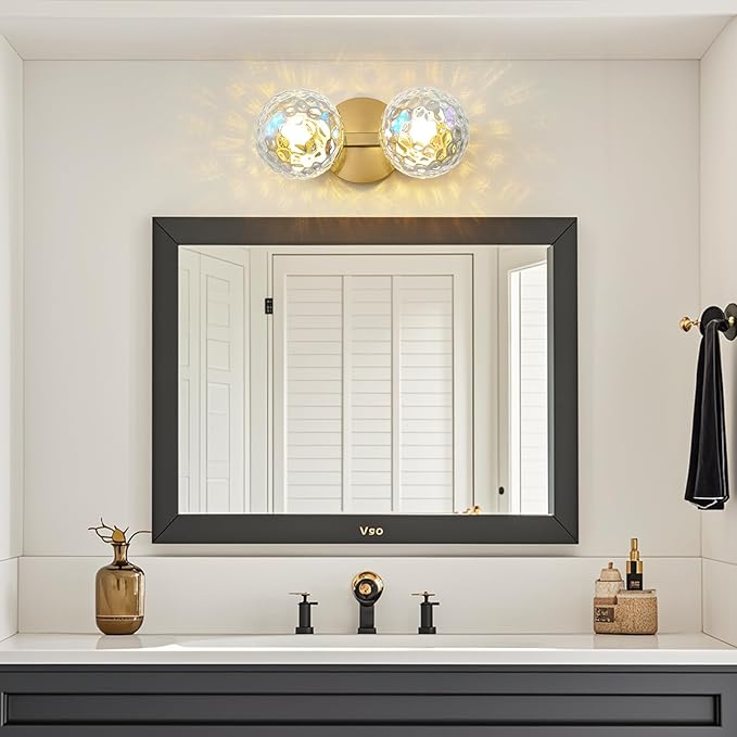 Gold Bathroom Vanity Light Fixtures: Modern Wall Scones With 2 Hammered Stained Glass Shades - Globe Makeup Lighting Fixture over Mirror - Brass Ball Powder Room Vanities Lights for Hallway Bedroom