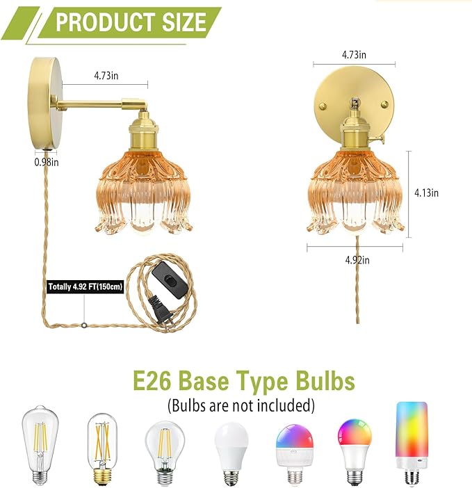 Plug in Wall Sconces,Plug in Wall Lamp, Vintage Wall Light with Amber Tulip Glass Lampshade, 3-Way Dimmable with Dual Switches, No Wiring Needed for Bedroom Wall Decor and Hallway