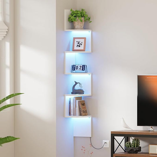 Corner Shelf Wall Mount with LED Light, 5 Tier Floating Corner Shelves, Plant Shelf for Bedroom, Floating Shelves for Wall, Display Stand for Living Room, Bathroom, Home Office, White