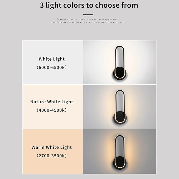 Modern 12W LED Wall Lighting Fixture 330° Rotatable Wall Lamps Modern Minimalist Creative Black Acrylic Wall Sconces for Bedroom, Living Room Balcony Kitchen Hallway