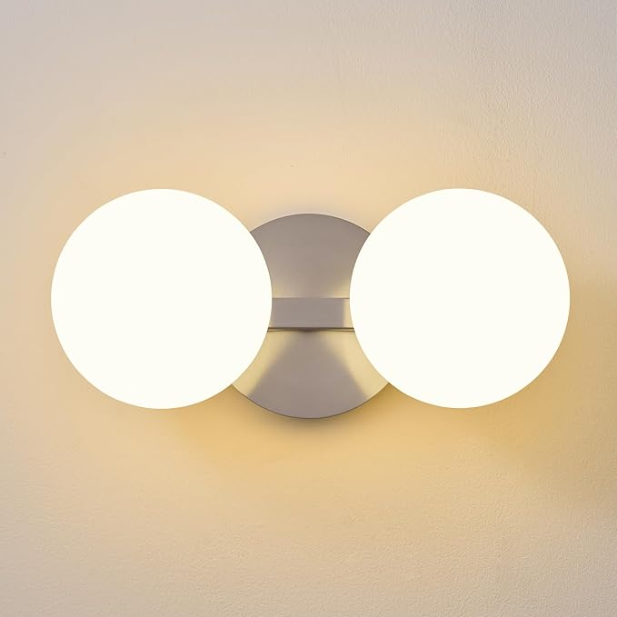 Globe Bathroom Vanity Light Fixtures: Nickel Wall Scones With 2 Milk Glass Shade - Modern Makeup Lighting Fixture over Mirror - Brass Ball Powder Room Vanities Lights for Hallway Bedroom Bulb Excluded