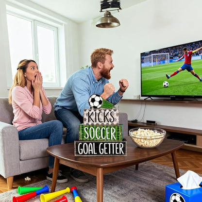 DIYDEC 4Pcs Soccer Tabletop Decorations Ball Wooden Block Signs Gift Rustic Football Tiered Tray Decor Soccer Goal Centerpiece World Cup Table Sign for Home Office Tabletop Fireplace Party Decor