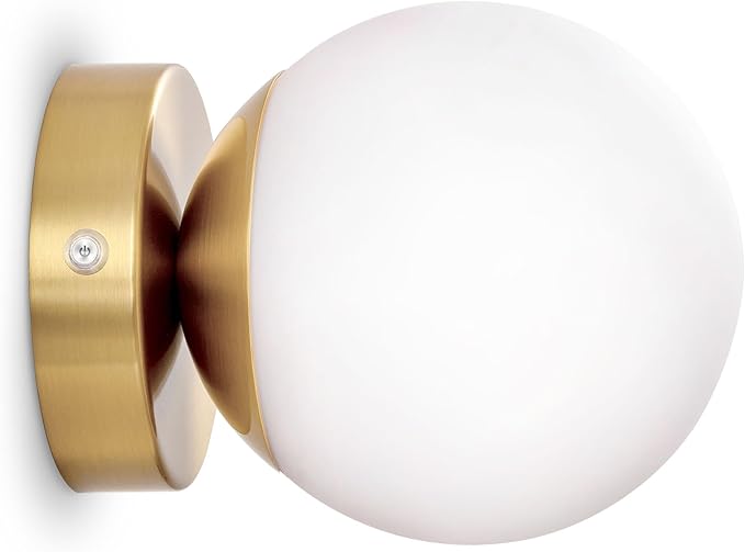 Battery Operated Rechargeable Wall Sconce Single, Brushed Gold Opal Glass Globe Wall Lamp, Wireless Touch & Remote Control, Dimmable 3 CCT + 12 RGB Colors for Bedroom Living Room Hallway