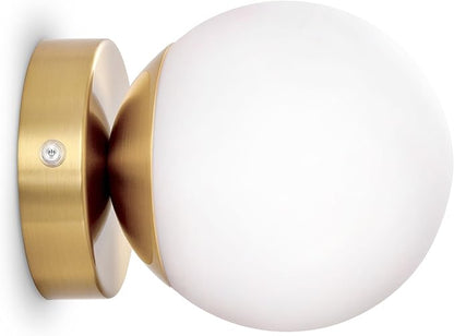 Battery Operated Rechargeable Wall Sconce Single, Brushed Gold Opal Glass Globe Wall Lamp, Wireless Touch & Remote Control, Dimmable 3 CCT + 12 RGB Colors for Bedroom Living Room Hallway