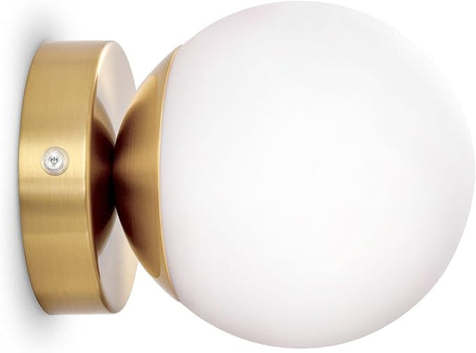 Battery Operated Rechargeable Wall Sconce Single, Brushed Gold Opal Glass Globe Wall Lamp, Wireless Touch & Remote Control, Dimmable 3 CCT + 12 RGB Colors for Bedroom Living Room Hallway