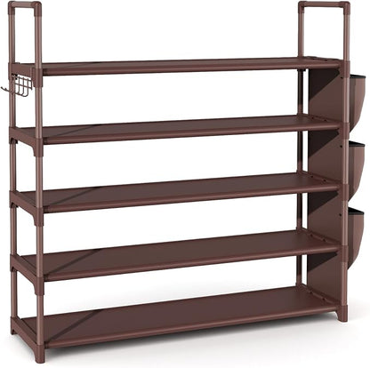 Shoe Rack for Closet Shoe Organizer Space Saver Storage for 20-25 Pair Shoe Shelf with Hook and Side Pocket Free Standing 5 Tier Shoe Rack Organizer for Entryway,Small Spaces, Brown