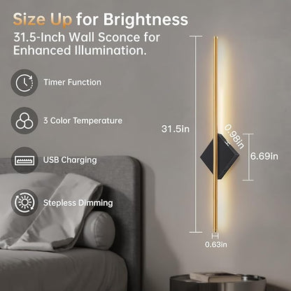 Battery Operated Wall Sconces Set of Two - Wireless Rechargeable Wall Light with Remote - Gold and Black Wall Lamp Dimmable Modern Home Decor for Bedroom Living Room Hallway Timing 31.5 Inch