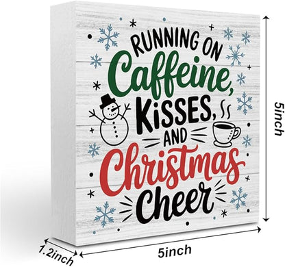 Christmas Coffee Decor Christmas Sign Coffee Bar Station Decorations for Home Running On Caffeine Kisses Sign for Home Office Desk Table Cubicle Shelf Xmas Desk Accessories 5 x 5 inch