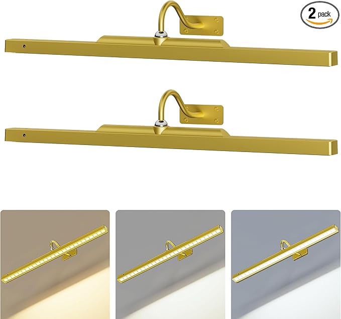 2 Pack Picture Art Lights - 24 Inch Gold Cordless Battery Powered Art Light with Dimmable Remote for Living Room, Artwork & Dartboard
