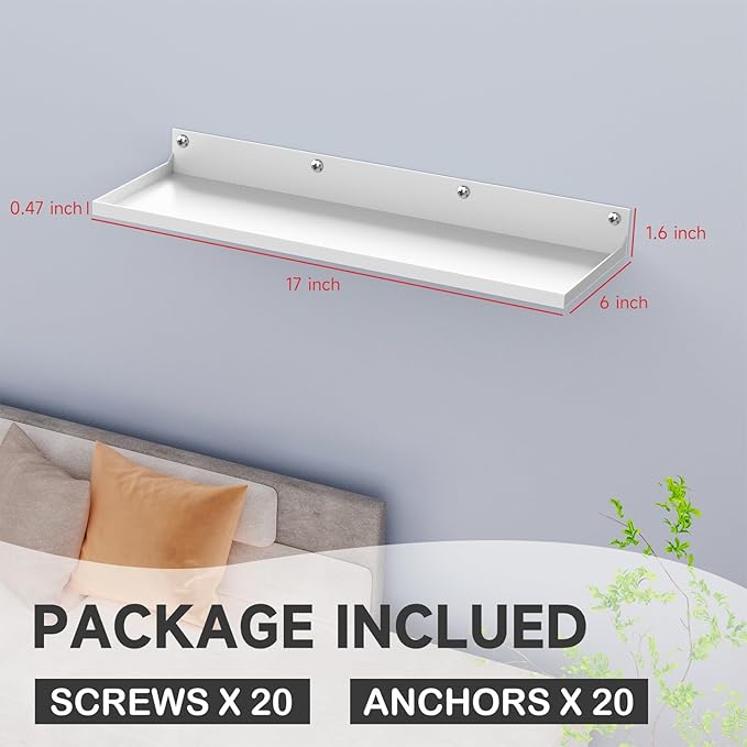 PEKGRIL 4 Pack Metal Floating Shelves, 17x6 Inch Large Wall Mounted Shelf for Storage, White Kids Bookshelf, Display Ledge Shelves with Lip for Bathroom, Bedroom, Living Room, Bathroom, Kitchen