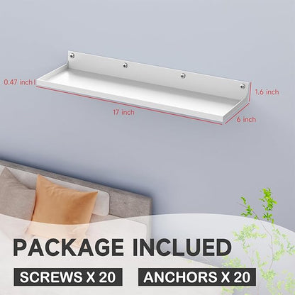 PEKGRIL 4 Pack Metal Floating Shelves, 17x6 Inch Large Wall Mounted Shelf for Storage, White Kids Bookshelf, Display Ledge Shelves with Lip for Bathroom, Bedroom, Living Room, Bathroom, Kitchen