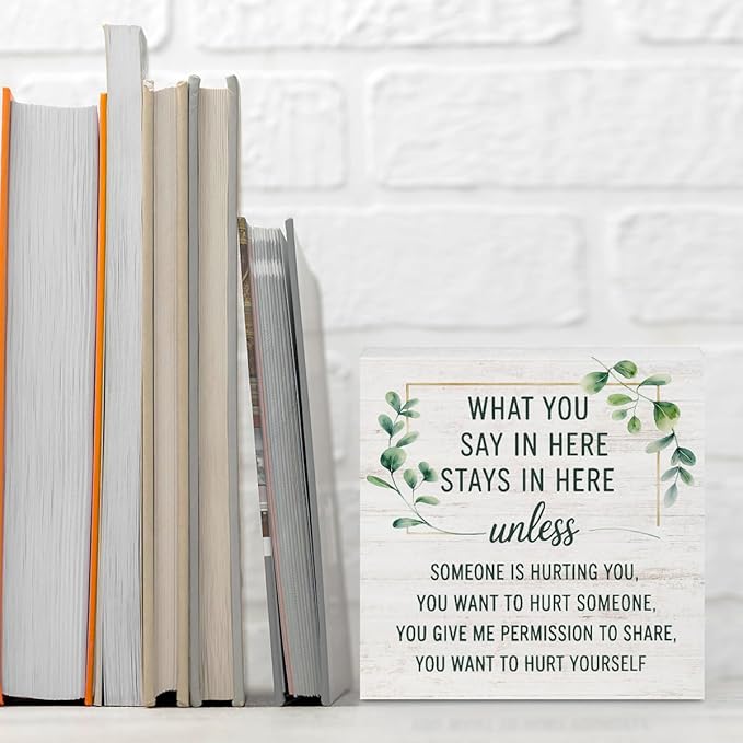 Mental Health Wood Box Sign, Inspirational Wooden Box Sign Therapy Office Decor, Inspirational Counselor Desk Decorative Signs, What You Say In Here Stays in Here Sign Gifts for Coworkers Therapist