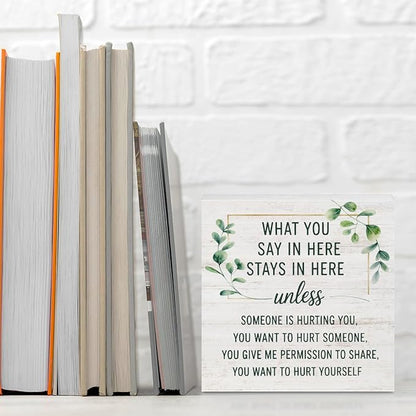 Mental Health Wood Box Sign, Inspirational Wooden Box Sign Therapy Office Decor, Inspirational Counselor Desk Decorative Signs, What You Say In Here Stays in Here Sign Gifts for Coworkers Therapist