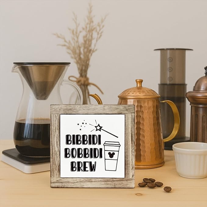 Farmhouse Coffee Bar Sign, Bibbidi Bobbidi Brew Wooden Box Decor, Funny Coffee Wooden Plaque Sign, Rustic Wood Signs for Kitchen Cafe Bars, Freestanding Home Decor 5.9×5.9 inch