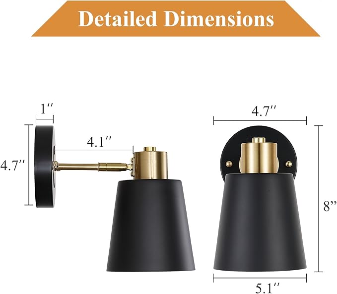 Battery Operated Wall Sconce Set of Two, Black and Gold Modern with Remote Control Dimmable Wall Lighting Indoor, Not Hardwired Led Wall Lamp Fixtures for Bedroom, Bulb Included