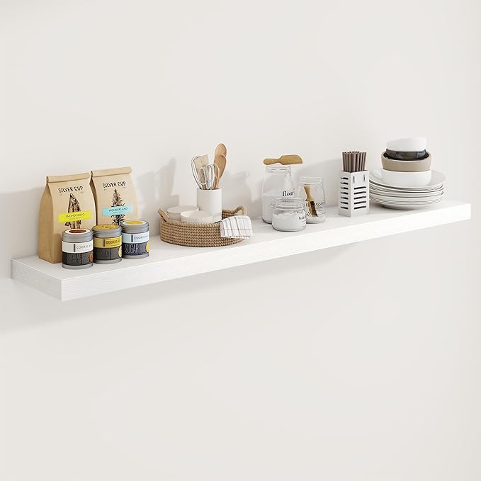 55in Floating Shelves for Wall, 55"W x 9.25"D x 1.5"H, Long Wall Mounted Engineered Wood Shelves with Invisible Brackets for Living Room, Bedroom, Bathroom, Kitchen Decor and Storage, White