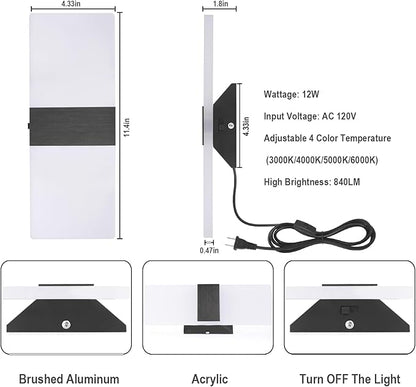 TRLIFE Modern LED Wall Sconces, Adjustable 4 Color Temperature 12W Wall Sconce Plug in, Acrylic Wall Mounted Light Set of 2 Wall Lights with 6FT Plug in Cord for Bedroom Stairway(2 Pack, Black)