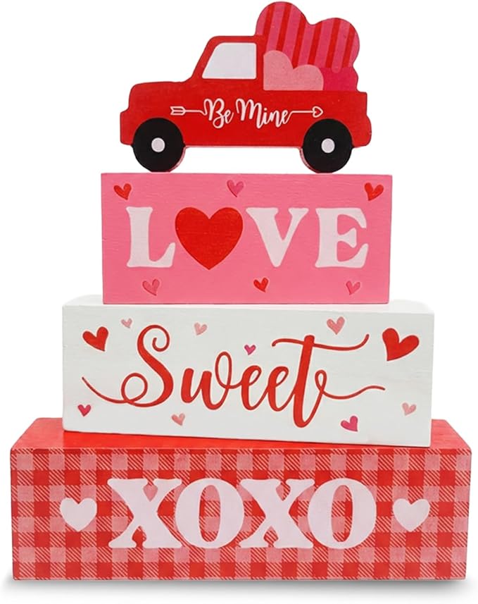 Valentine’s Day Decorations, 4 Pcs Wooden Valentine’s Day Table Decorations, Red Truck Tiered Tray Decor, Wooden Table Sign for Desk Shelf Mantel Centerpiece, Indoor Home Decor