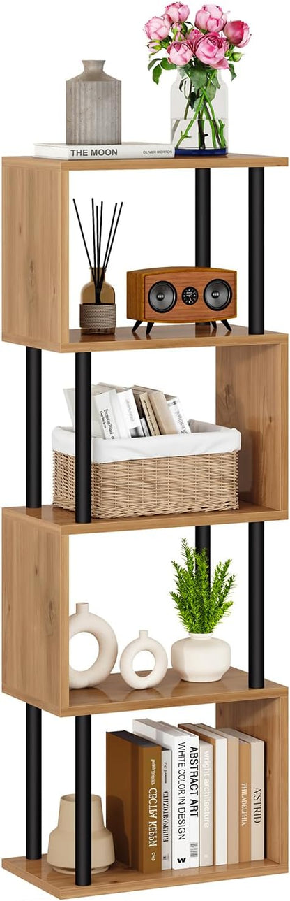 IBUYKE 5-Tier Tall Bookshelf,S-Shaped Geometric Bookcase, Wood Display Shelves with Storage,Modern Bookshelf for Living Room Bedroom, Home Office,Oak WBC015K