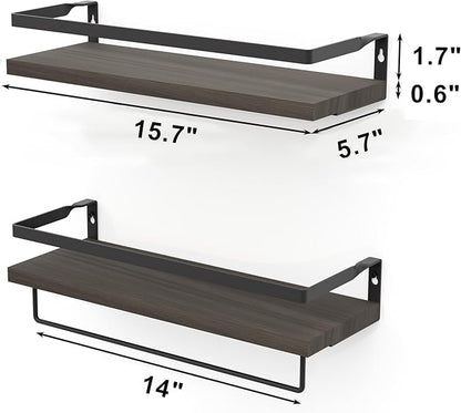 Home Decor Floating Shelves, Wall Shelves with Towel Bar, Bathroom Wall Decor, Floating Shelves Wood for Living Room/Kitchen/Bedroom, (Black-Black) Floating Bathroom Shelves
