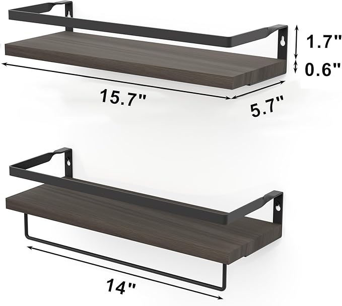 Home Decor Floating Shelves, Wall Shelves with Towel Bar, Bathroom Wall Decor, Floating Shelves Wood for Living Room/Kitchen/Bedroom, (Black-Black) Floating Bathroom Shelves