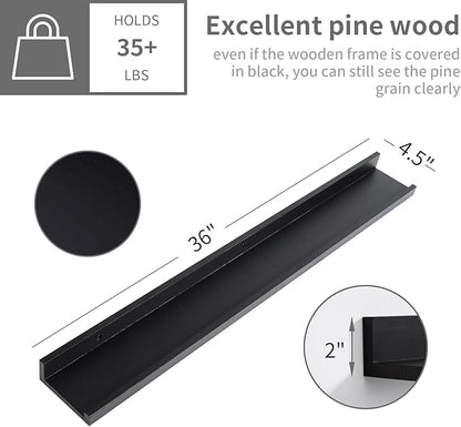 MBYD 36 Inch Picture Ledge Shelf with Lip Modern Black Floating Photo Shelves Natural Wood Set of 3 Same Sizes Frames Albums Display Shelf for Bedroom Bathroom Living Room Kitchen