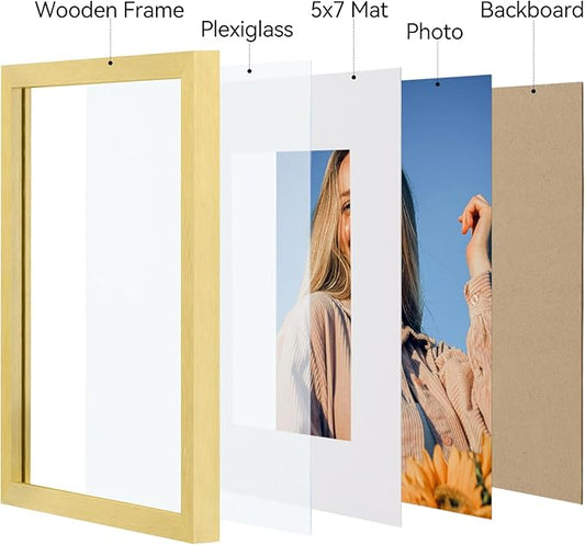 Vittanly 8x10 Picture Frames Set of 4, Display Pictures 5x7 with Mat or 8x10 without Mat, Gallery Wall Frame Set for Wall or Tabletop Display, Engineered Wood with Shatter Resistant Plexiglass, Gold
