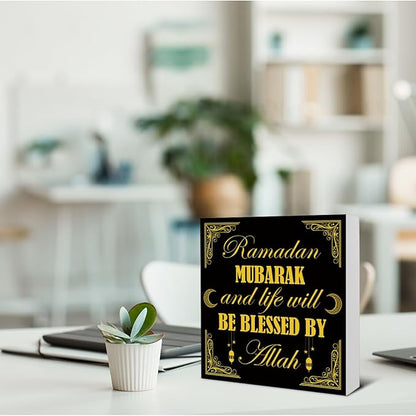 Ramadan Decorations - Islamic Decor - Ramadan Mubarak Wooden Sign Home Office Living Room Bedroom Kitchen Bathroom Desk Table Shelf Wall Decor - 5 x 5 Inches