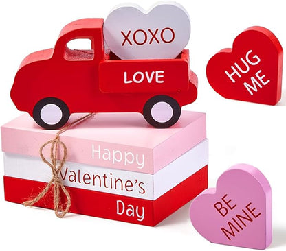 AKEROCK Valentines Day Decorations, Valentines Day Decor - Wooden Valentine Sign & Red Truck & 3 Heart Decor for Table, Tiered Tray, Office Desk, Mantel, Valentine Decorations for Home