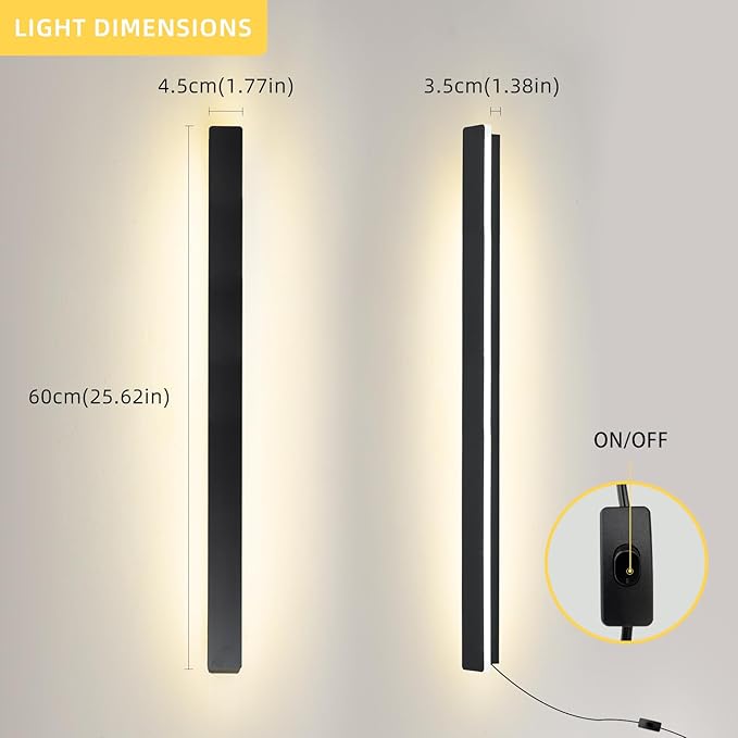 Modern Plug in Wall Sconces, 23.6 inch Frosted Black LED Long Wall Lights, 12W Warm White 3000K Acrylic Indoor Wall lamp,with 59