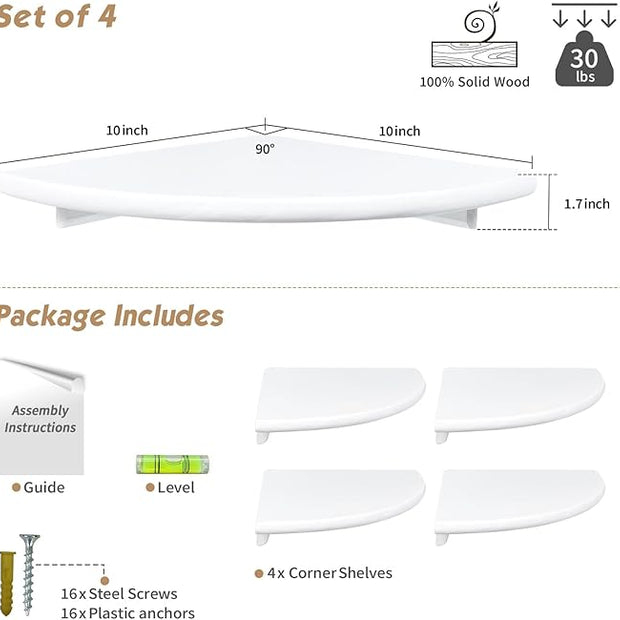 Forbena White Corner Floating Shelves for Wall Set of 4, Rounded Corner Shelves Wall Mounted for Kids Bedroom Books, Cute Wood Hanging Corner Shelf for Bathroom Decor, Living Room, Small Spaces