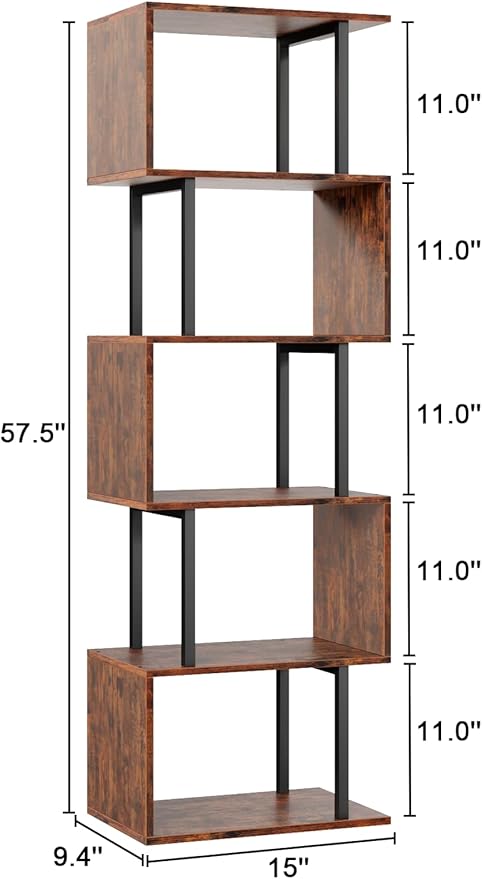 Furologee 6 Tier Bookshelf, Tall S Shaped Geometric Bookcase, Modern Display Shelf Standing Unit, Wood Metal Decorative Divider Rack for Living Room Bedroom Office, Rustic Brown | Tall, Bookcase, Display, Book Shelf, Decorative, Bookshelves