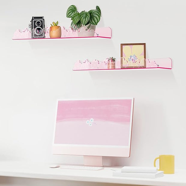 Floating Shelves for Wall,4 Pack 15.7’’x 3.5’’Adhesive Acrylic Shelves Organizer for Book Toy Photo Makeup,Wall-Mounted Kids Storage for Bathroom,Bedroom,Nursery,Pink Butterfly