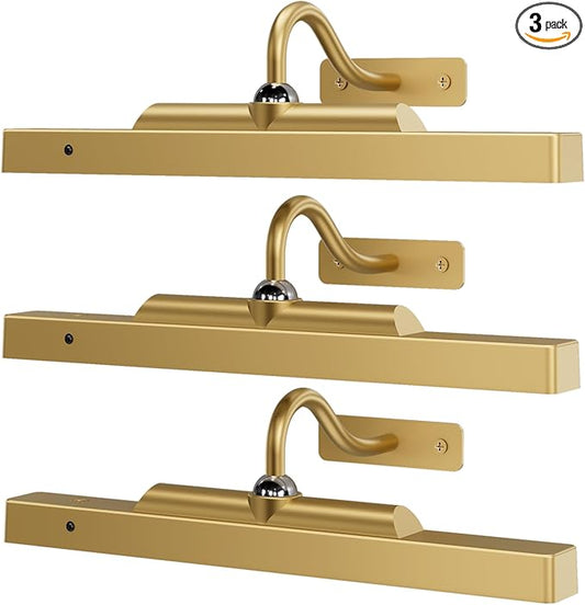Gallery Lights for Wall 3 Pack, 12" Rechargeable Picture Lights, Cordless Remote Dimmable LED for Portrait Hallway Decor (Antique Gold)